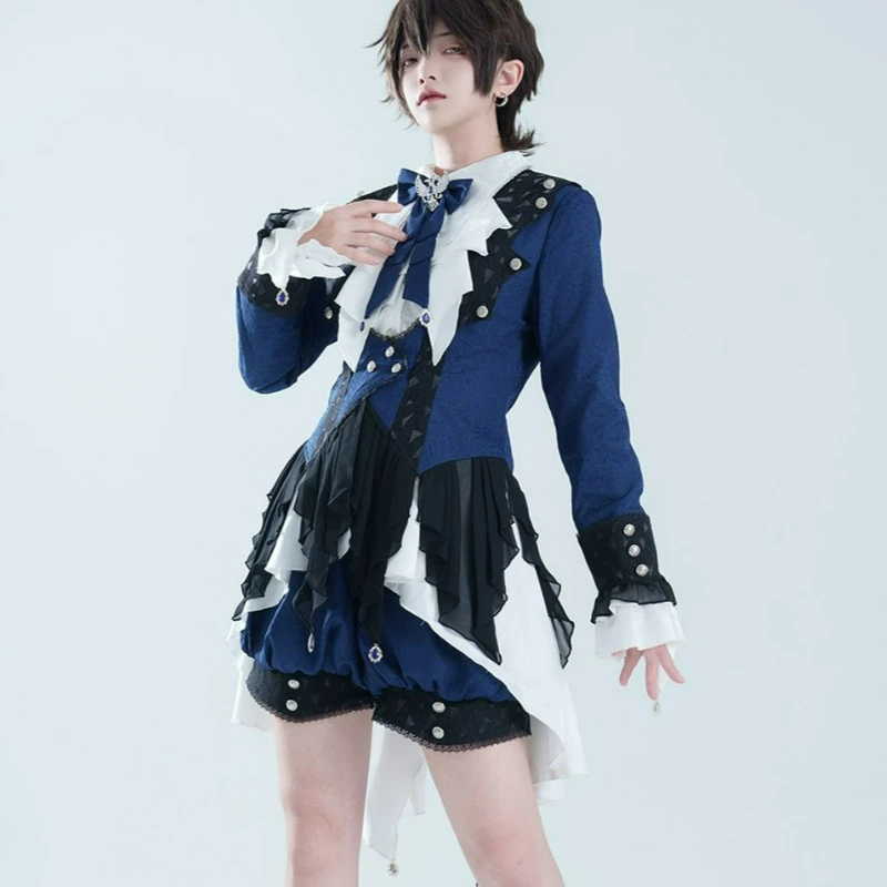 Medieval Lolita Prince Outfit Set Women Vintage Long Sleeves Jacquard Jacket Bow White Shirt Dress Mini Shorts Cosplay Clothing - view 4