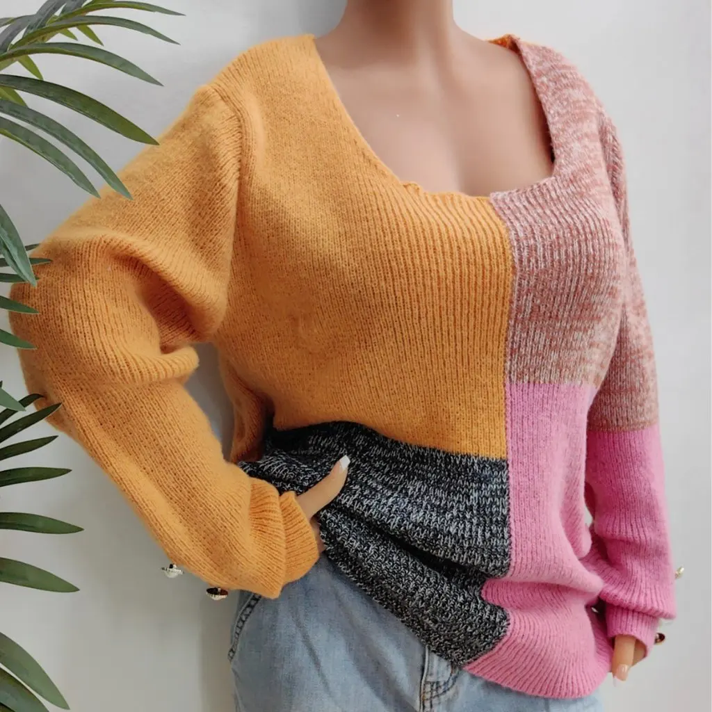 

Женский пуловер с квадратным воротником, свитер контрастного цвета, декоративный топ на пуговицах в европейском и американском стиле M652