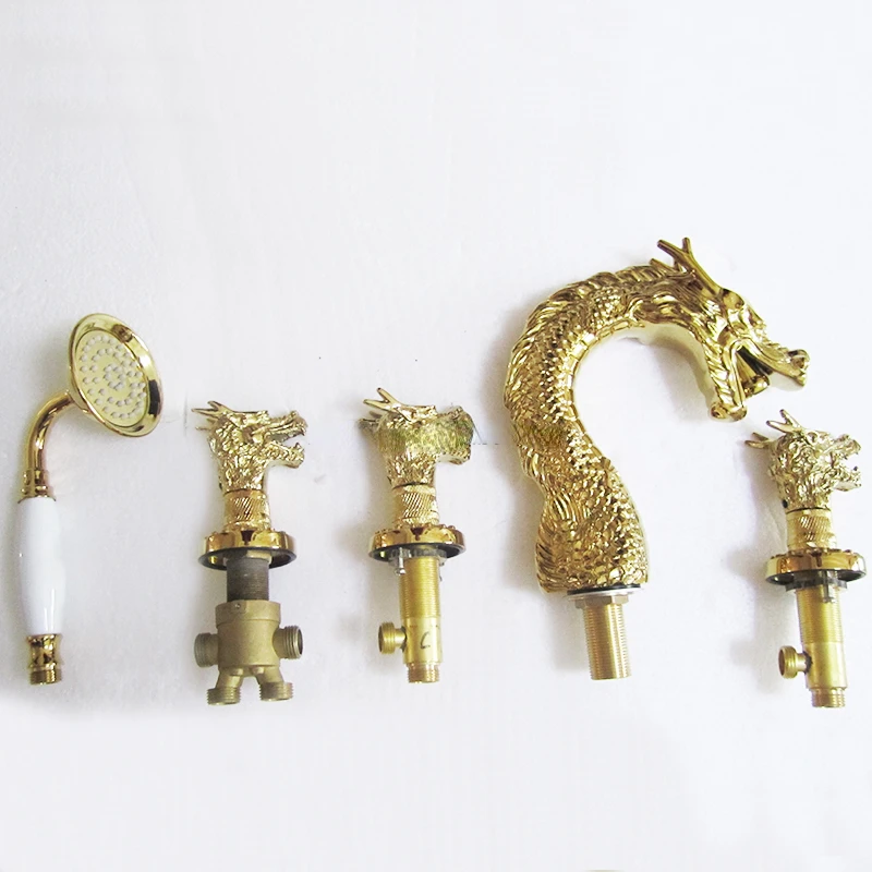 X9623T Brass Material Gold Color Double Handle of Artistic Dragon Shape Animal Bathtub Faucet