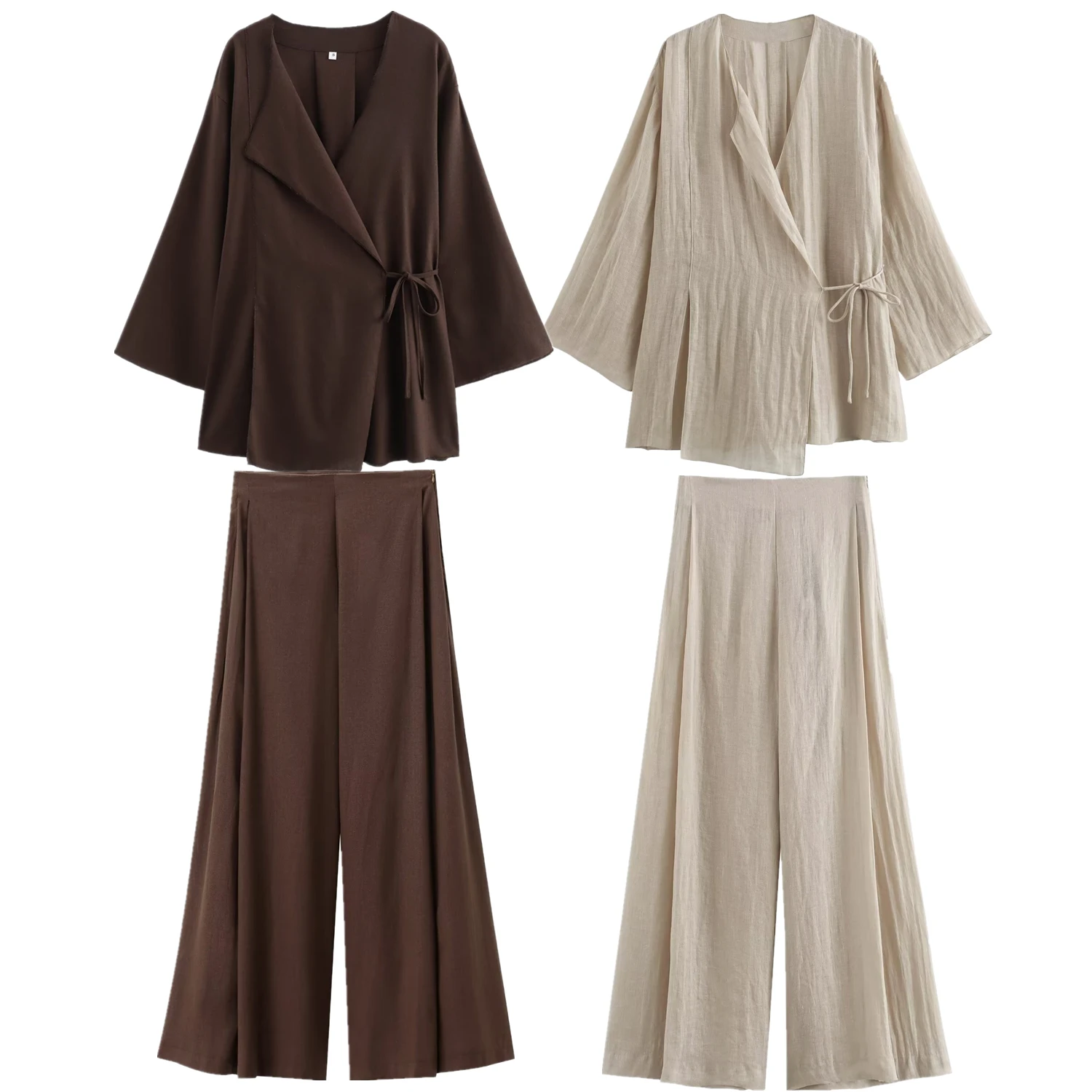 Maxdutti High Waisted Wide Leg Pants Set Texture Kimono Shirt Jacket Casual Nordic Minimalist Linen Sets Women