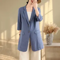 Casual Cotton Linen Women's Small Suit Jacket Spring Summer New Style Seven Sleeve Middle Length Versatile Pure Color West Coat