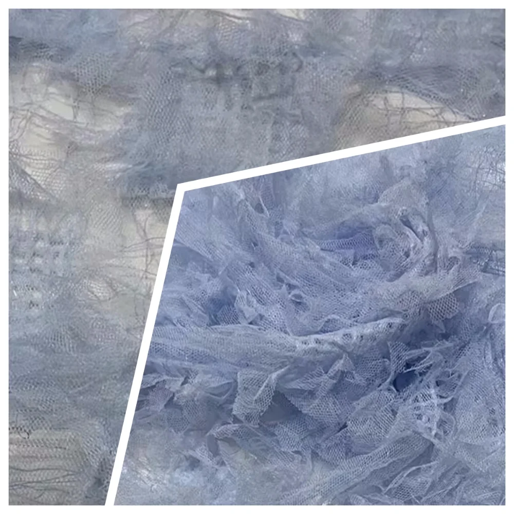 ライトブルーの薄いメッシュグリッドデザインタッセル生地ドレスウェディングパースペクティブ衣類布メートル単位でdiy縫製材料