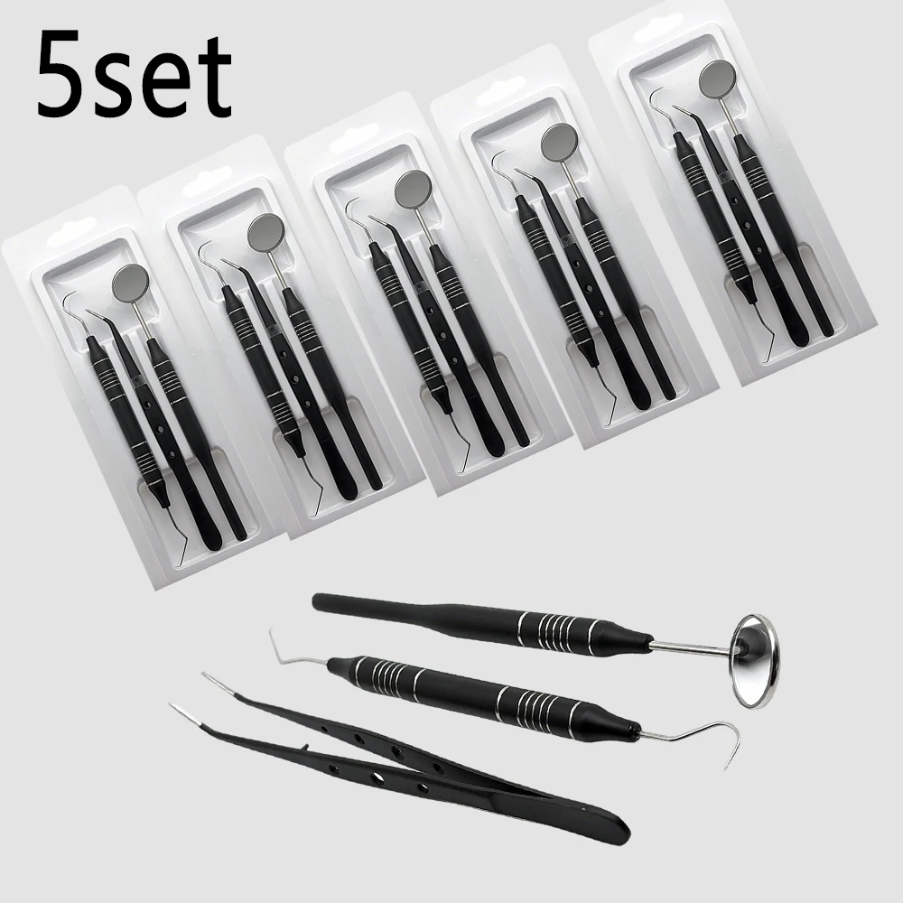 

3 комплекта, 5 наборов инструментов для ухода за зубами, зеркало для рта, пинцет, изогнутый зонд для чистки зубов, осмотра полости рта от стоматологов