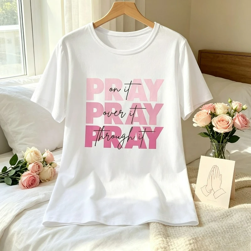 PRAY on it PRAY over it PRAY through it Women Pink Letter Modal T‑Shirt Loose Crew Neck Tee Faith Inspirational Daily For Ladies