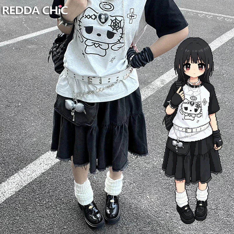 

Женская серая джинсовая юбка REDDACHiC с оборками, в стиле пэчворк, с необработанным краем, с низкой талией, длинная, в стиле карго, Rokku Gyaru Acubi Fashion