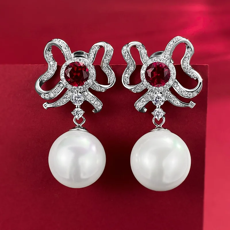 2024 New Bow Inlaid Red and Blue Treasure Earrings, Full body 925 Sterling Silver Pearl 13mm Earrings, Hot selling for Women