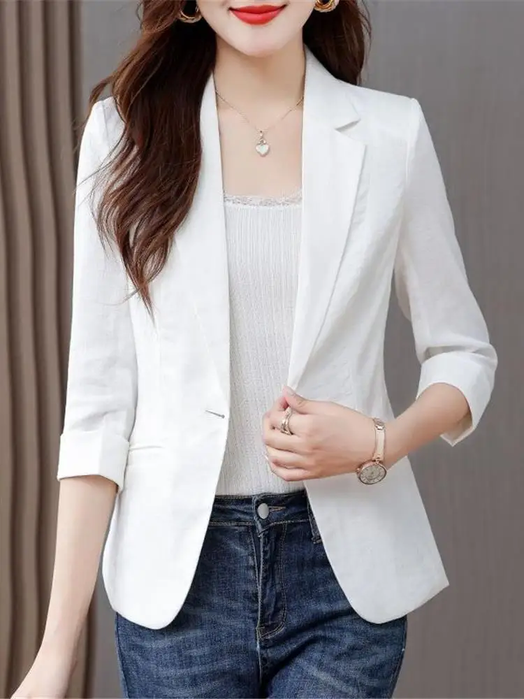 

White Slim Fit Summer New Sle Women's ort Sve Jaet Casual Faionable Thin Coat Seven Sve Busin Top