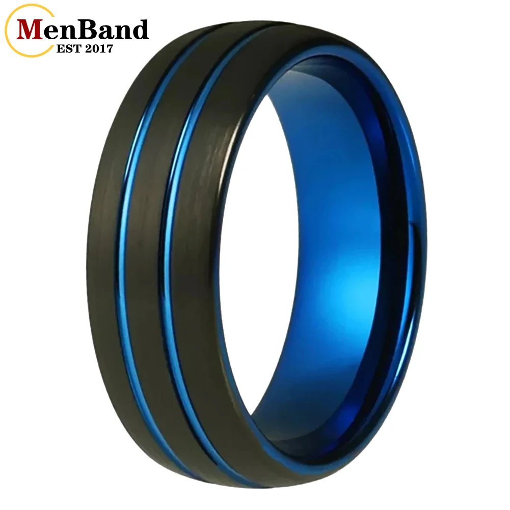 

MenBand 8mm Tungsten Carbide Rings Two Tone Black and Blue Plated Mens Womens Engagement Wedding Band Ring Comfortable Fit