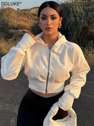 DGLUKE Cropped Zip Up Hoodies Women Hooded Zipper Jacket Streetwear Women's Fleece Sweatshirt White Black