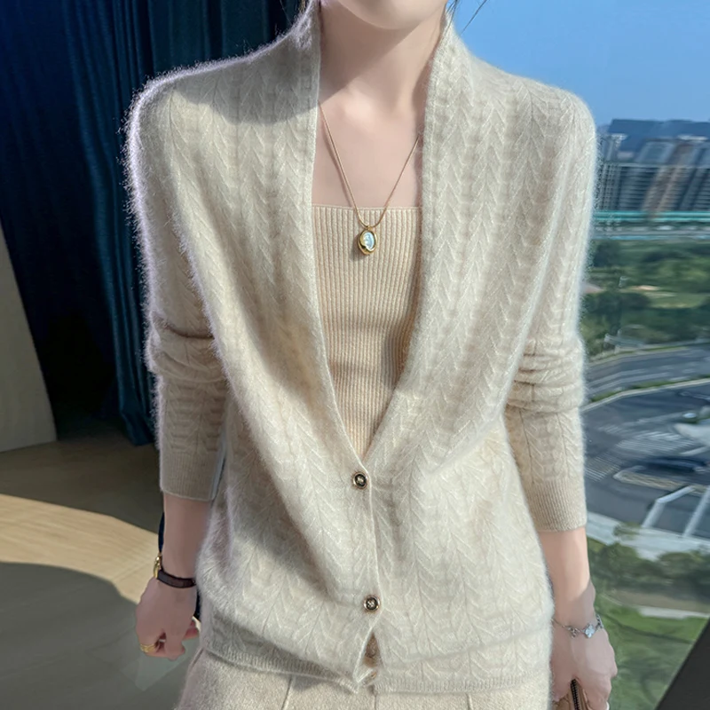 

Scarf Collar Women Cardigan Tops Autumn Winter New Chic 100% Merino Wool Sweater Graceful Woman Wool Sweater Elegant Soft Blouse