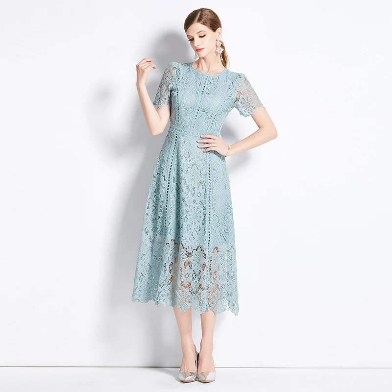 Vintage Dress Women 2024 O-Neck Lace Summer Dress New Lotus Leaf Sleeves Long Dresses for Women Fashion Elegant Female Clothing