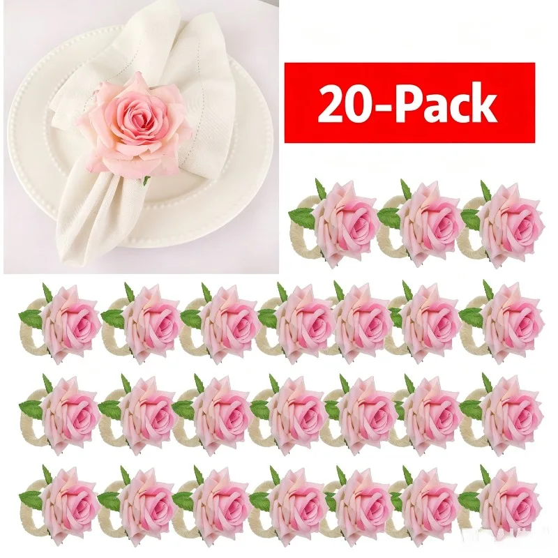 10-Pack Pink Rose Napkin Rings Handmade Napkin Holder Rings Table Decorations for Wedding Christmas Valentine's Day Thanksgiving
