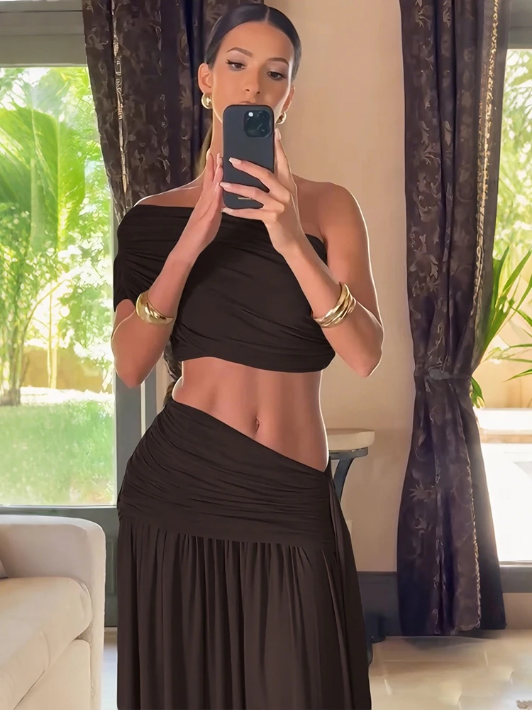 

Sisterlinda Sexy Vacation 2 Piece Set Women Elegant Classic Slash Neck Sleeveless Tank Top+Ruched Ribbon Skirt Beach Party Suits