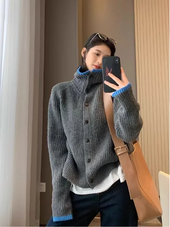 

ay High Collar Knitted Sweater Cardigan Women's Loose Fit Thiened Lazy Sle Autumn Winter Outerwear Small Size Coat