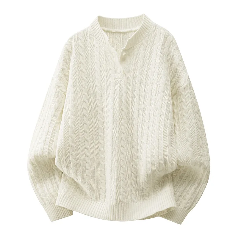 American Style Mens Cable Knit Sweater Loose Casual Comfort Versatile Lazy Fashion Long Sleeve Pullover Top