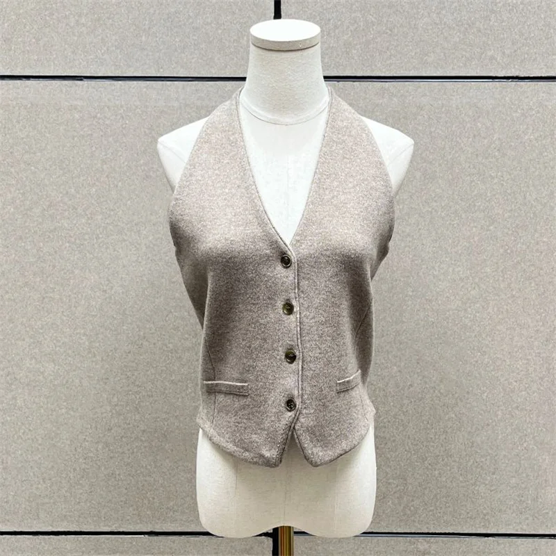 

Women's vest Winter 2025 new elastic knitted slim fit V-neck sleeveless top 100% wool women's sweater Sexy backless corset y2k