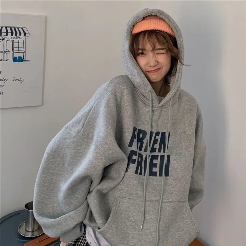 Letter Printed Hooded Sweatshirt Women Autumn Winter New Thickened Loose Lazy Style Korean Version Design Long-Sleeved Pullover