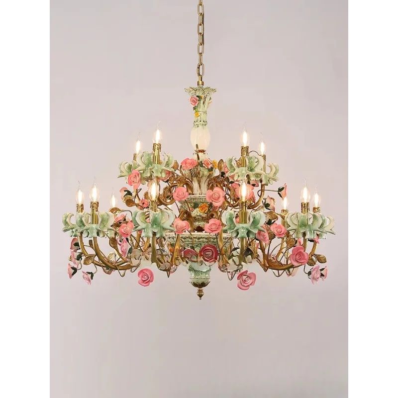 

French all-copper chandelier pastoral flower European ceramic villa living room bedroom creative lamp
