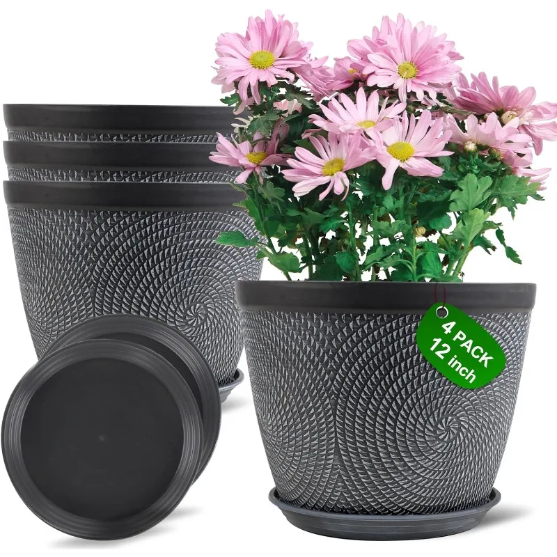 

12 Inch Plant Pot for Plants Outdoor Indoor, 4 Pack Plastic Flower Pots with Drainage Hole & Saucer, Modern Decorative Garden