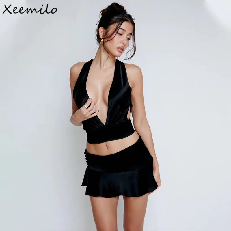 Xeemilo Sexy Deep V-neck Sleeveless Bandage Tank Top With  High-waist Irregular Pleated Hem Mini Skirts Night Club Women 2 Piece