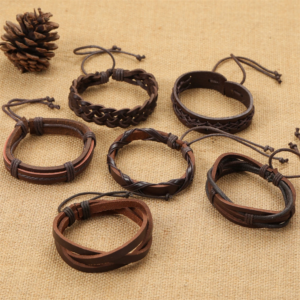 6 Pcs/Sets Trend Jewelry Handmade Weave Genuine Leather Bracelet Men Vintage Cuff Leather Bracelet Pulsera Hombre