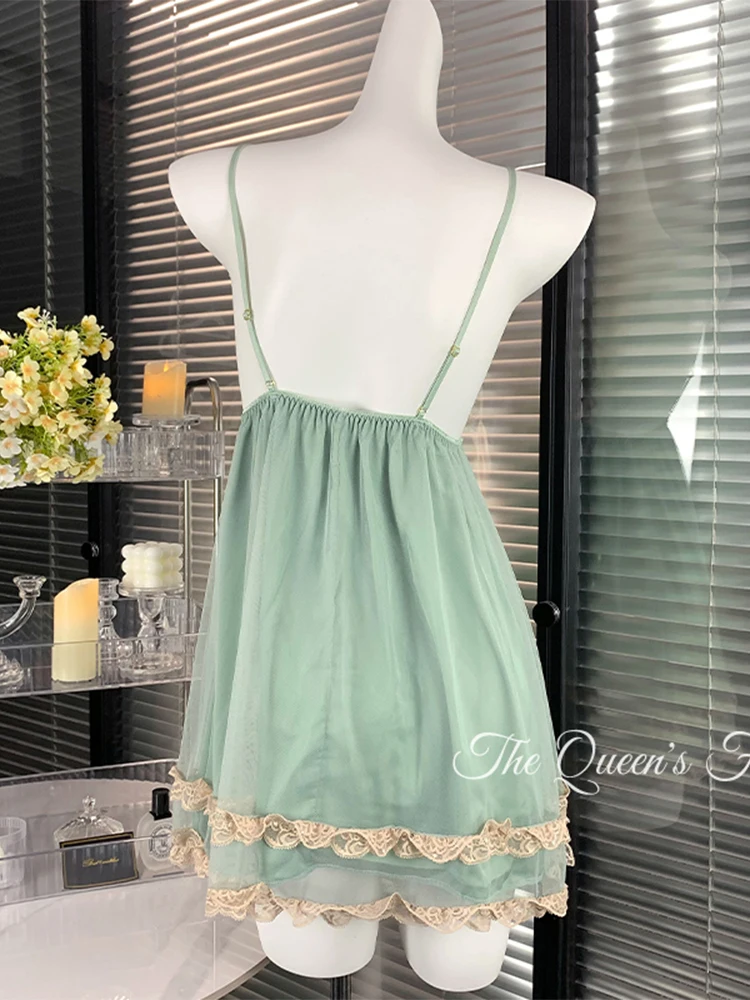 Women Green Nightdress Sexy Lace Mini Lingerie Nightwear Bow Bath Robe Gown Nightdress Set V-neck Nightgown Home Dress Clothing