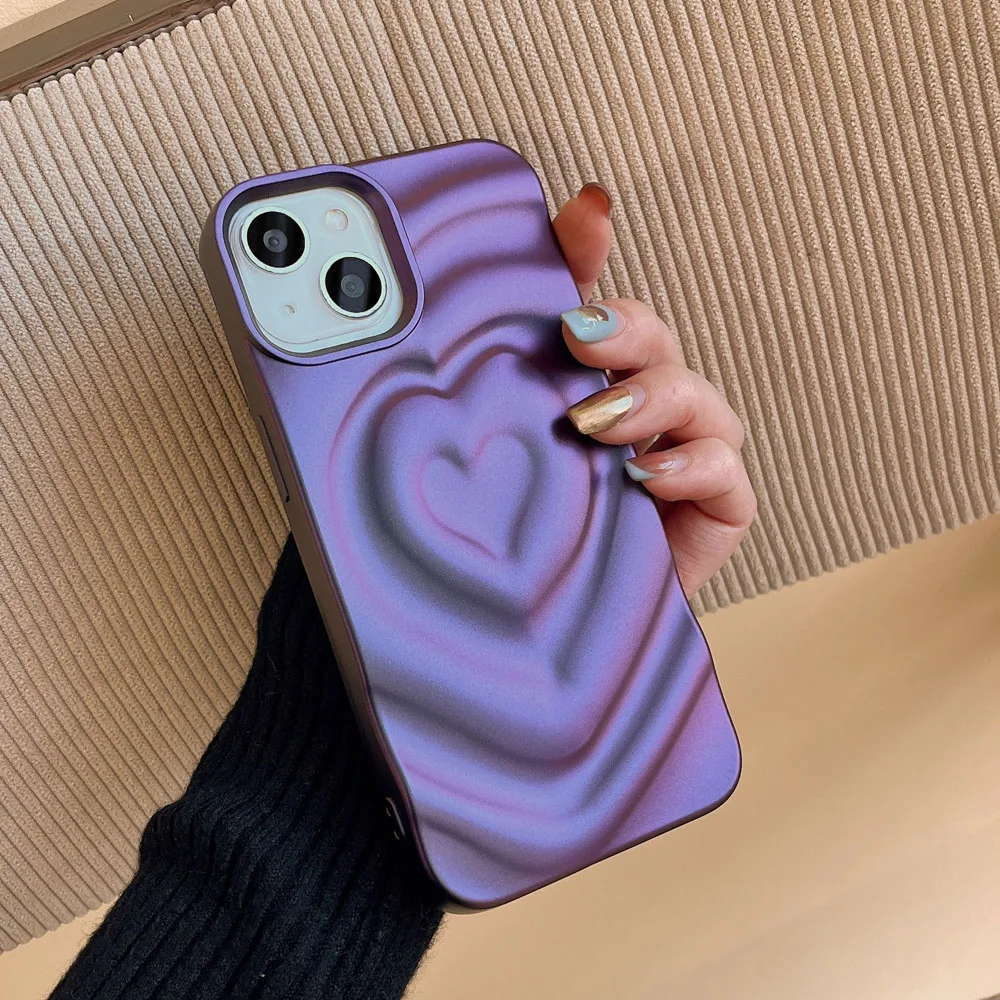 เคสโทรศัพท์แฟชั่นลายคลื่นน้ำไล่ระดับสี3D ลายรักสีม่วงสำหรับ iPhone 11 12 Pro 13 14 15 PRO MAX พับได้ปลอกกันกระแทกแบบนิ่ม