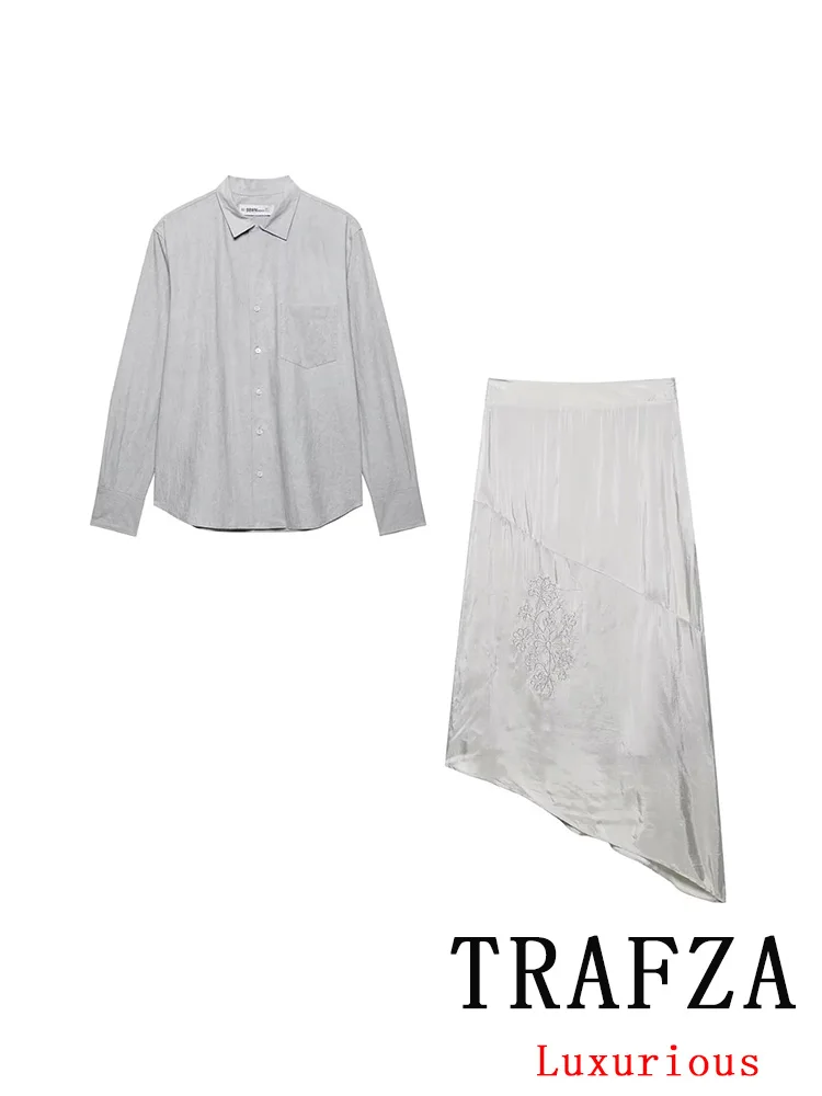 

TRAFZA Casual Women Solid Suit Turn-down Collar Single Breasted Loose Blouse Long Straight Zipper Skirt Fashion 2025 Summer Sets