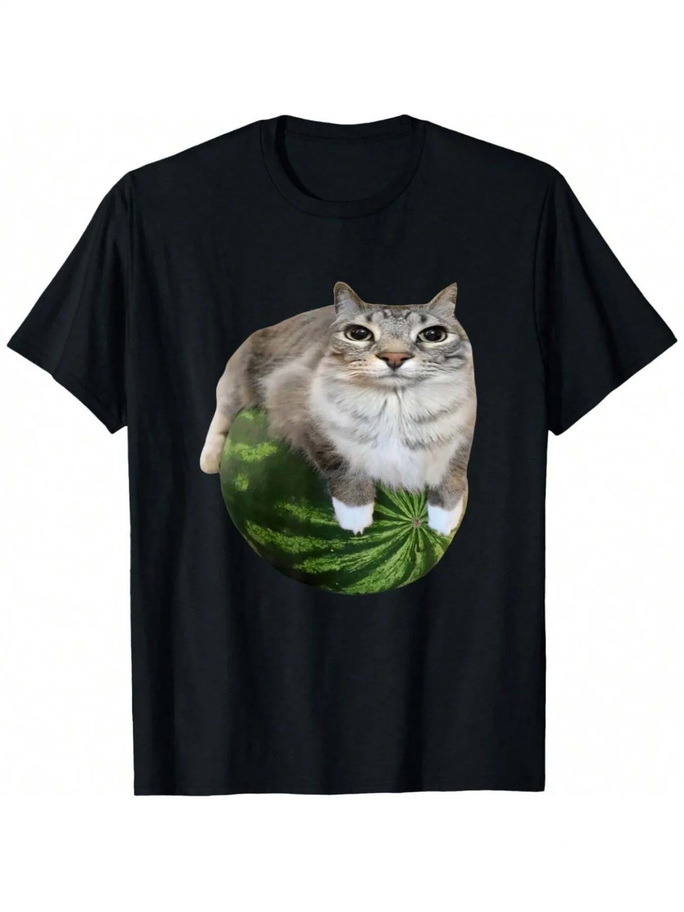 Women'S Casual Black Short-Sleeve Shirt for Summer, Featuring a Fun Design with Cats And Watermelons, Showcasing a New Way for 'Meow' to 'Hold' a Watermelon, Perfect for Casual Wear