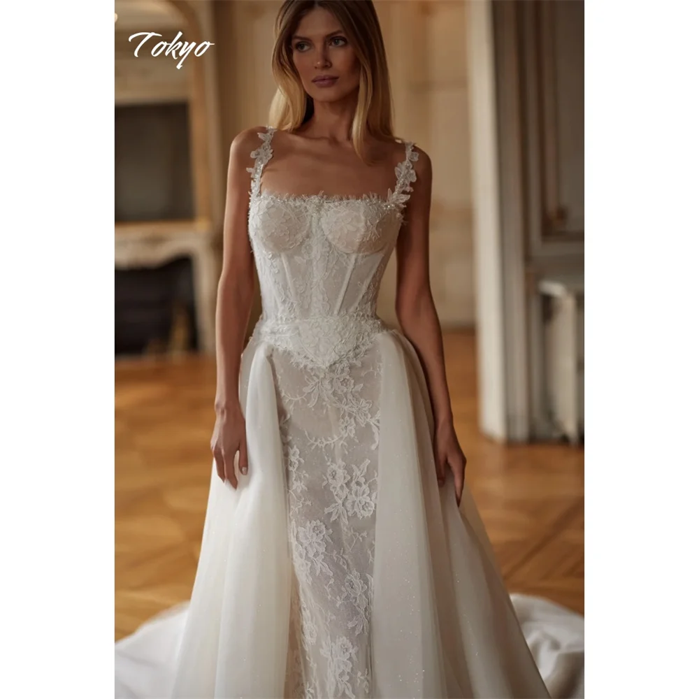 Токио Индивидуальные белые цветочные бретели Свадебные платья без рукавов с молнией сзади Свадебные платья русалки со съемным шлейфом Свадебные платья