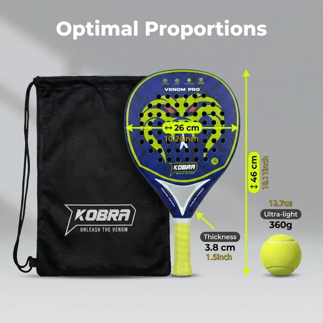 KOBRA Venom Pro Padel Racket 12k Carbon Weave 3D Snake Head Surface 38mm Thickness 360g Lightweight Pro Paddle Tennis Racket