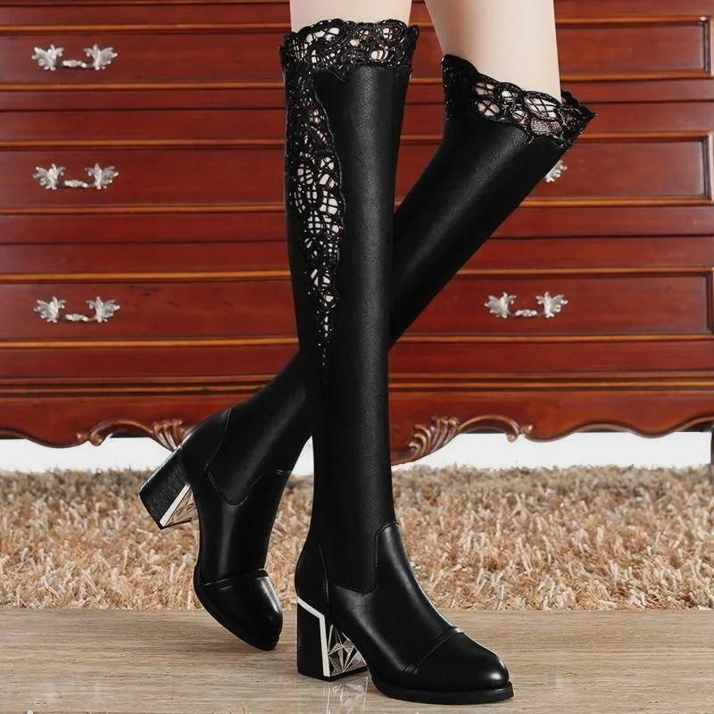 Kobiety Haftowane Koronkowe Buty do kolan Kwadratowe Wysokie Obcasy Casualowe Długie Buty do kolan Lady Sexy Over Knee Thigh High Shoes Jesień