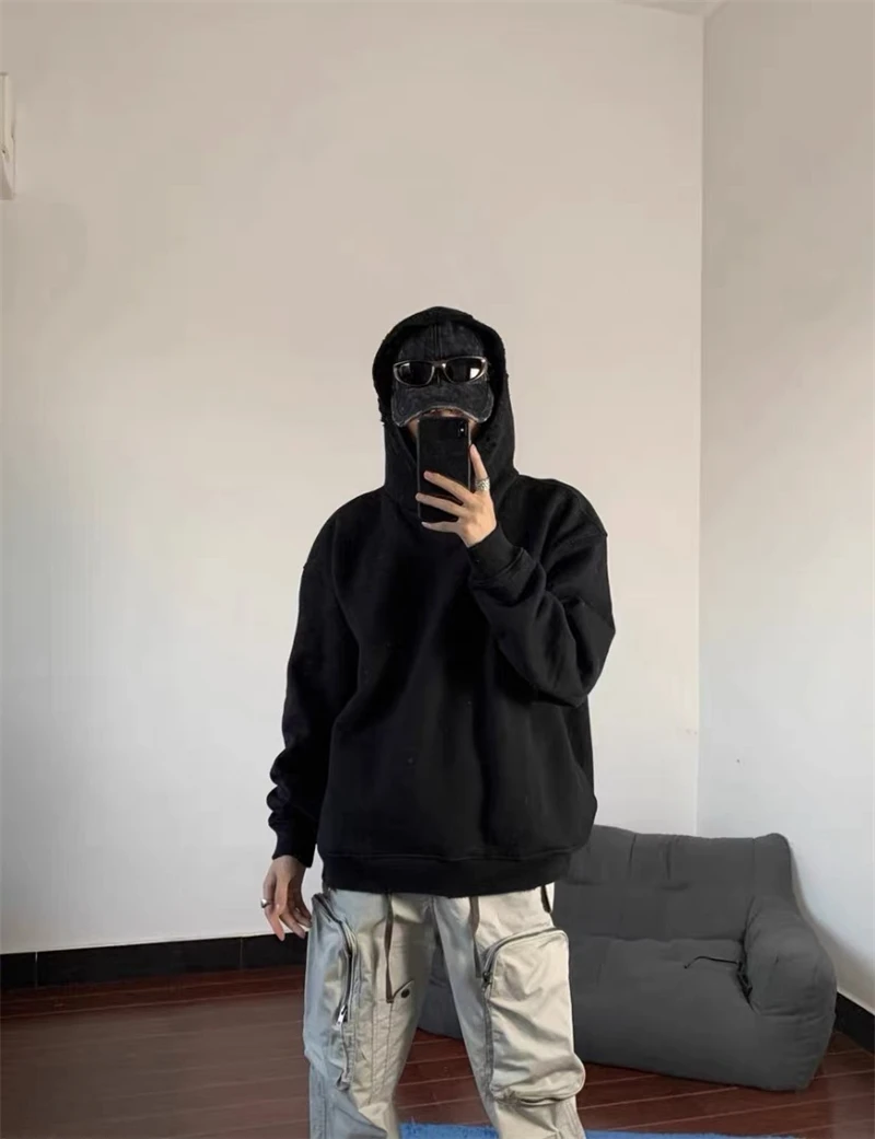 Winter New ASKYU Black Samurai High Street Basic Cotton Vintage Loose Casual Hoodie Pullover Hip Hop Cotton Oversize Sweater