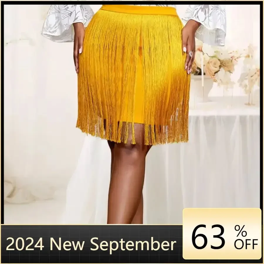 Women's Fringe Trim Long Tassel Skirt Yellow Bodycon Slim Sexy Party High Waist Elegant Office Ladies Classy Female Event Faldas