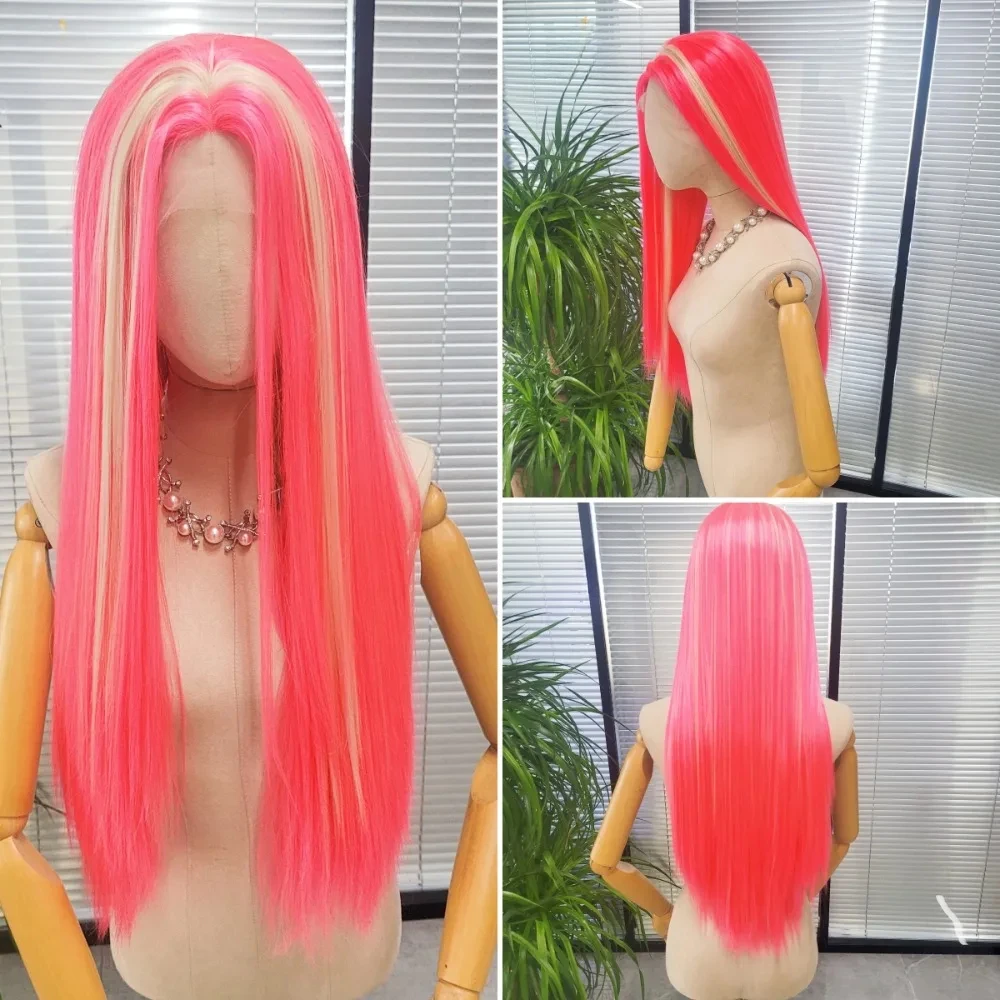 Pink Lace Front Fashion 30inch Synthetic Transparent Lace Front Women Ombre Heat Resistant with Baby Wigs