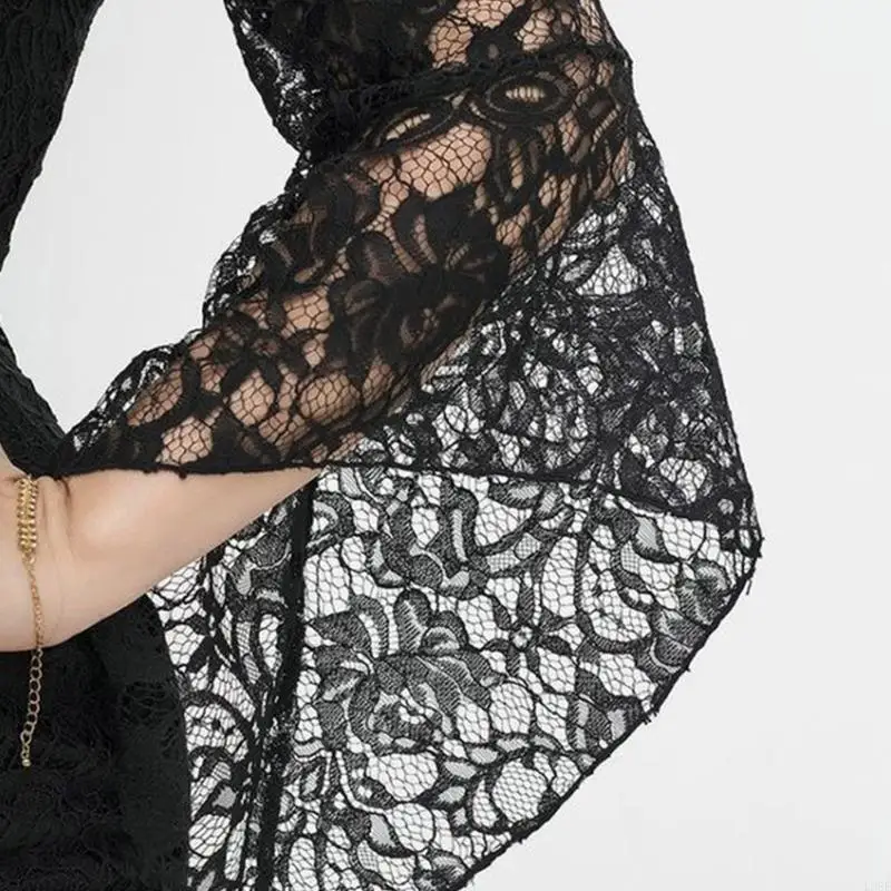 

L38E Women 3/4 Sleeve Cold Shoulder Lace High Waist Bridesmaid Maxi Fishtail Dress