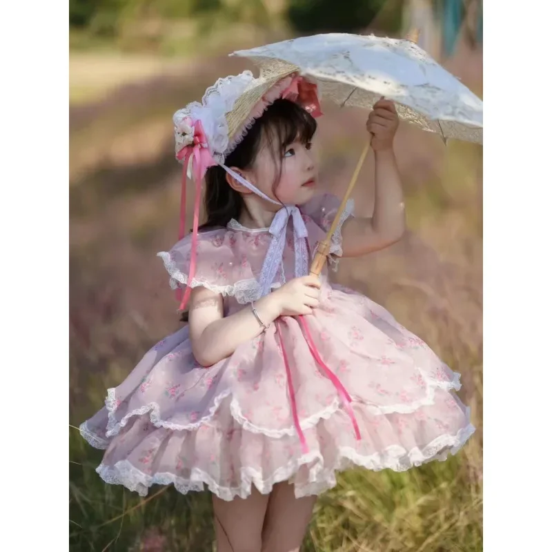 Lolita Ball Gown Dresses for Girls Princess Kids Princess Pink Infant Flora Dress Children Design Print Clothes for Photograph