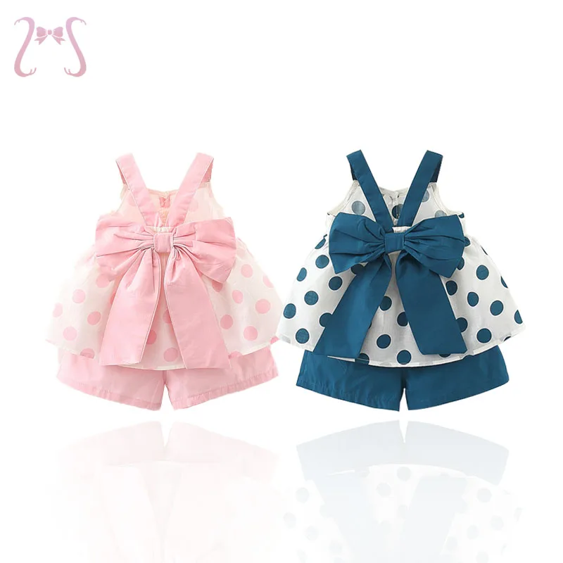 2Pcs/Set Sweet Polka Dot Baby Girl Children Clothes Suit Summer Sleeveless Bow Sling + Tendon Shorts Casual Kids Costume 0 To 3Y