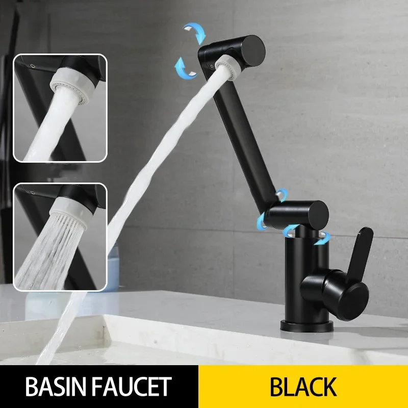 Folding Bathroom Basin Faucet 1080 Rotation Stainless Steel Washbasin Cold Hot Water Sink Tap Gourmet Mixer Tapware Matte Black