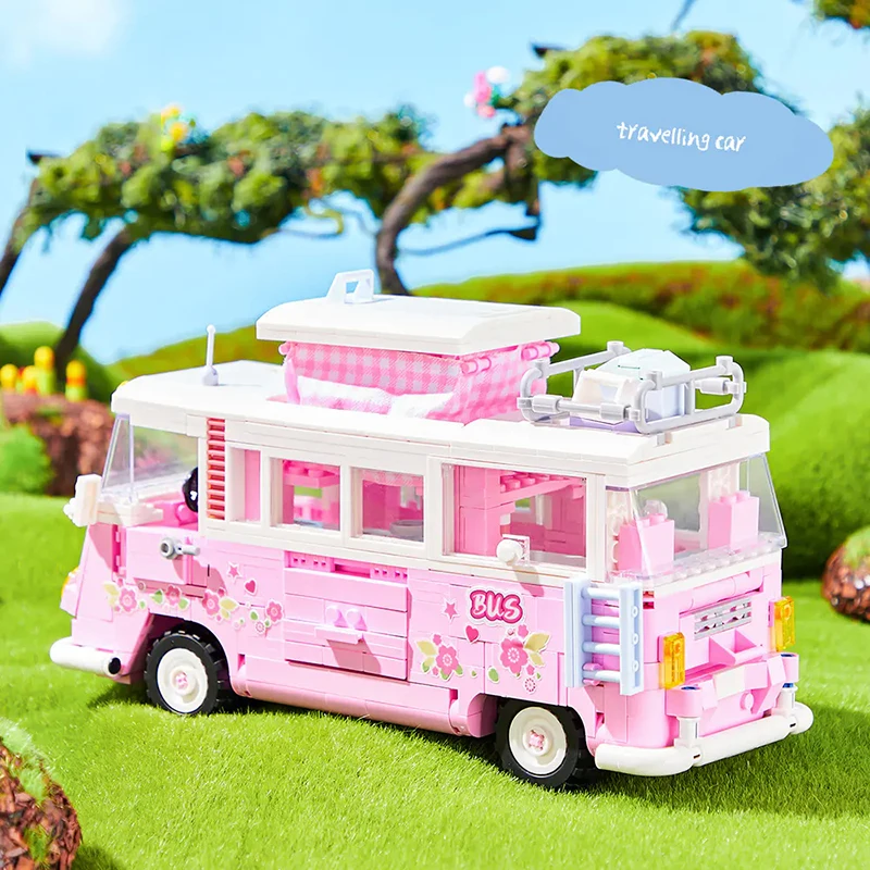 Technical 852PCS Pink Barbie T1 Camper Car Building Blocks Classic Model Vehicle Assemble Bricks Toys Gift For Kid Friends Adult