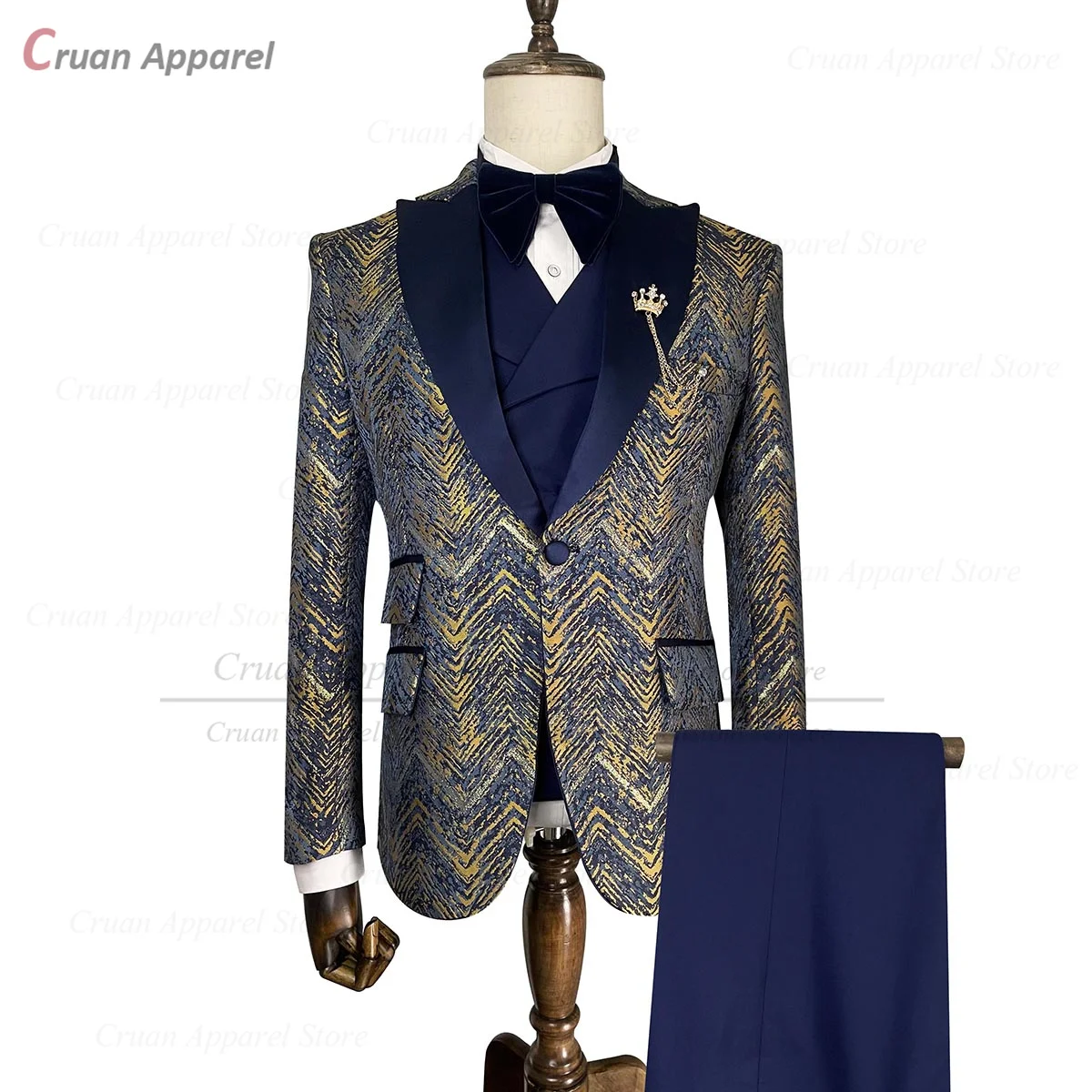 

Navy Blue Suits for Men Luxury Slim Fit Gold Shiny Blazer Vest Pants 3 Pieces Tailor-made Business Prom Wedding Groom Tuxeods