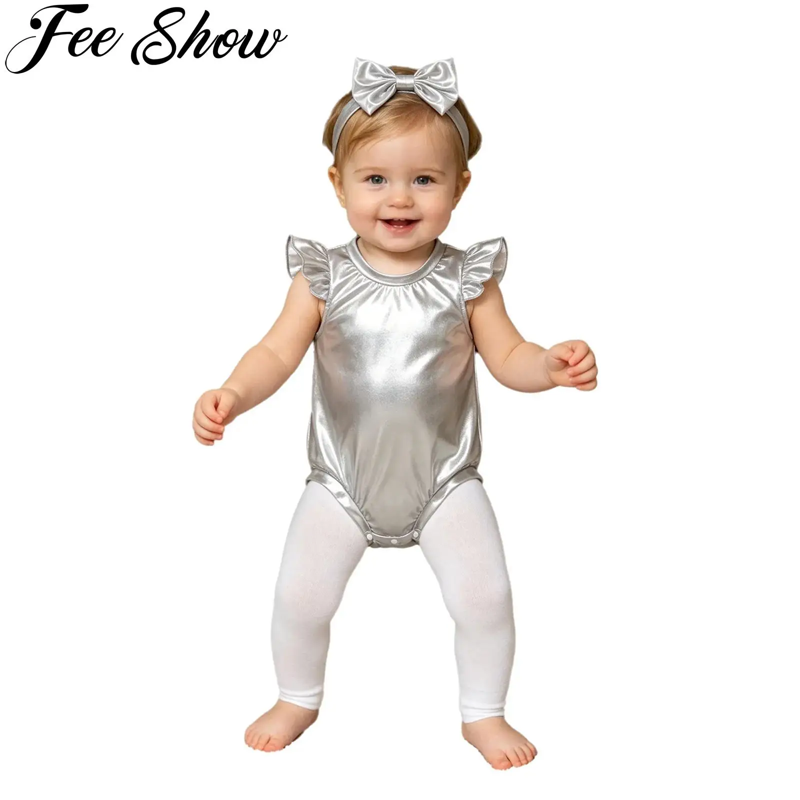 

Newborn Baby Girls Clothing Birthday Party Photography Outfits Ruffled Sleeves Metallic Shiny Romper with Bow Headband 0-24M
