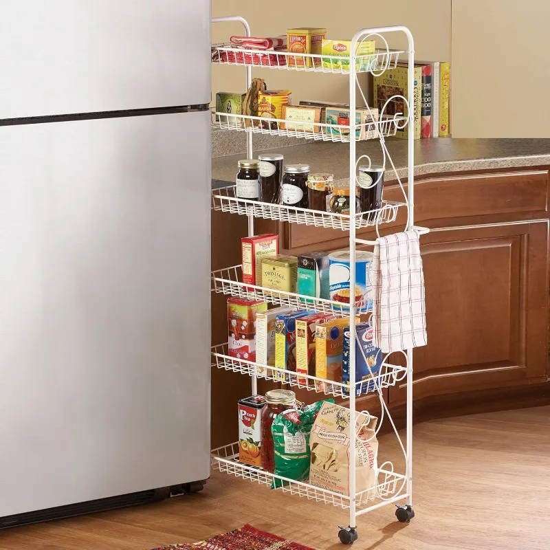 Slim Rolling Pantry 6-Tier Shelf, White Metal with Elegant Scroll Design Accent - Extra Kitchen and Bathroom Storage, 10