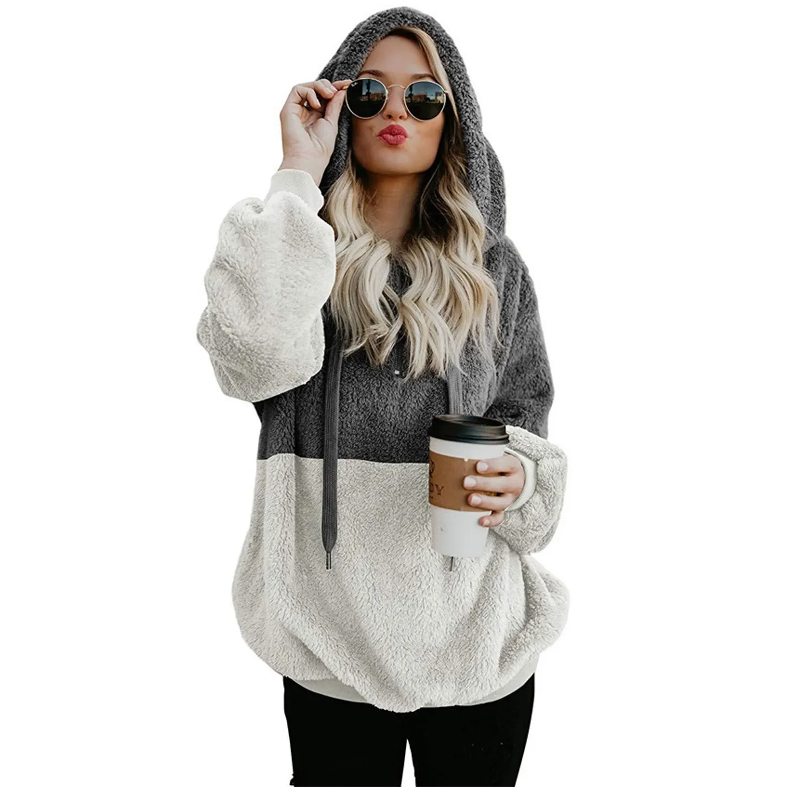 Women's pullover Women's Color Blocking Hooded Stitched Long Sleeve Zipper Plush Sweatshirts