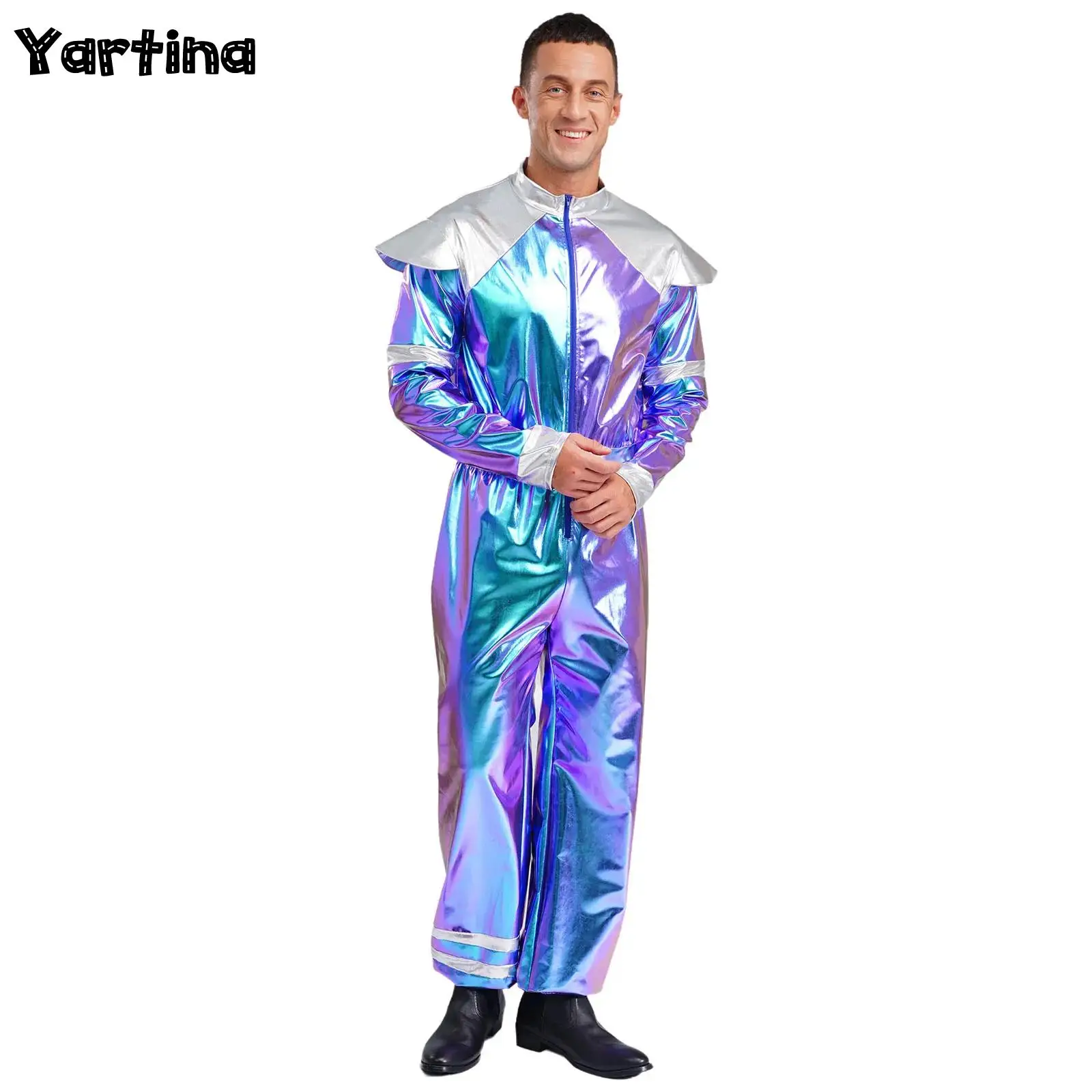 

Mens Retro Shiny Metallic Robot Coveralls Jumpsuit Outer Space Alien Cosplay Costume Astronaut Pilots Uniform Halloween Outfits