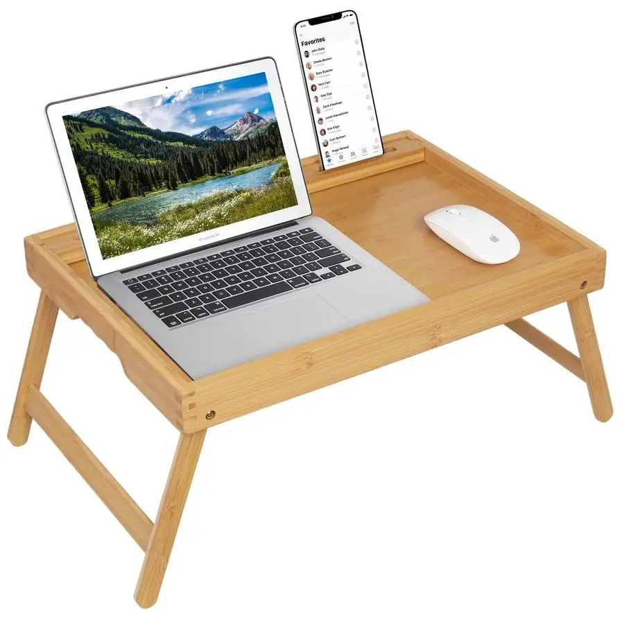 

Bed Tray Table with Folding Legs, Bamboo Breakfast Food Tray with Media Slot, Use As Platter, Laptop Desk, Snack, TV Tray Kitch