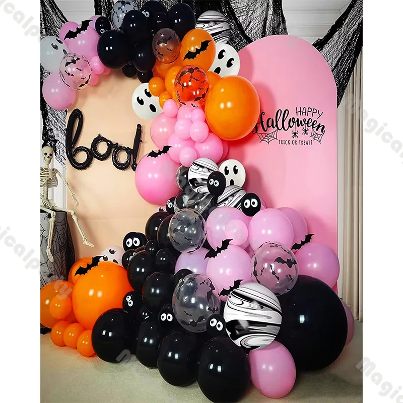 117pcs Day of the Dead Party Background Decoration Pink and Black Balloon Combo Set Halloween Decoration Supplies Bat Stickers