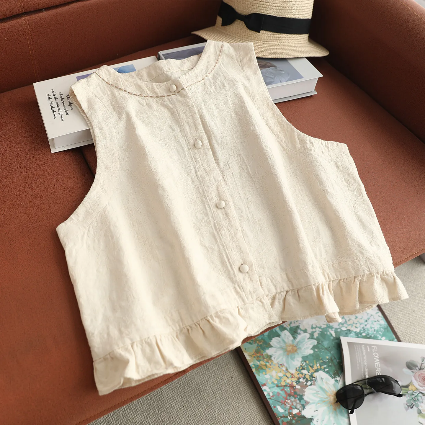 Japanese Sweet Mori Girl Solid Color Single Breasted Ruffles Vest Tops Women Spring Summer O-Neck Sleeveless Casual Camis Tops