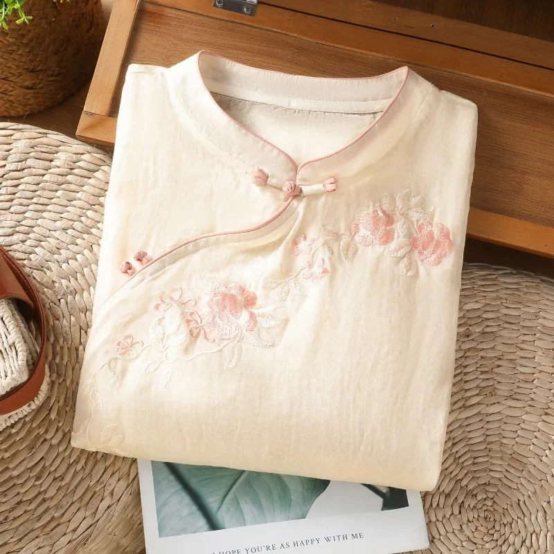 

Chinese Style Women's Blouse Embroidery Vintage Shirts Fashion Loose Summer Clothing Short Sleeve Cotton Linen Women Tops