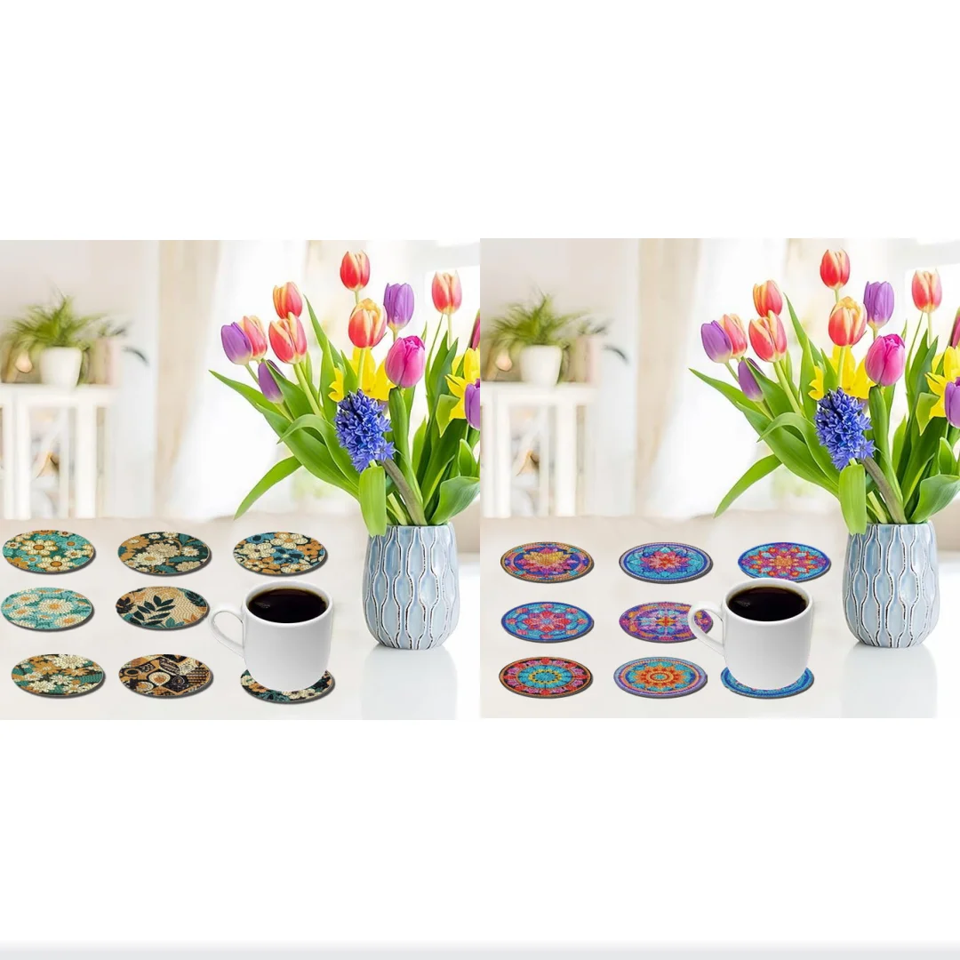 8 مجموعات من اللوحات الماسية التي تصنعها بنفسك بأنماط زهور ماندالا، وأكواب خشبية مضادة للانزلاق، وغرفة المعيشة، والمطبخ